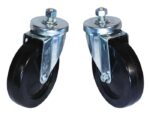 Two black swivel caster wheels, identified as Justrite Gcyl Reppt,Swcast,5Inpst, feature metal housings and bolts and are positioned upright against a white background.