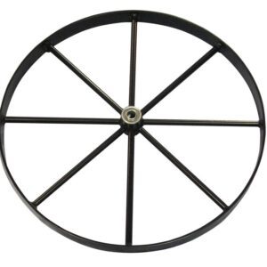 The Justrite Gcyl Reppt,2Cyht,Stwhl,20In is a sleek black metal wheel with eight evenly spaced spokes converging at the center hub, highlighted against a white background. Its circular shape and symmetrical design reflect precision and style.