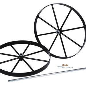 Two large black metal wagon wheels with eight spokes are displayed with a Justrite Gcyl Rept, 2Cyht, Stwhl/Axl, 20In. Small accessories like cotter pins and cylindrical nuts accompany them on a white background.