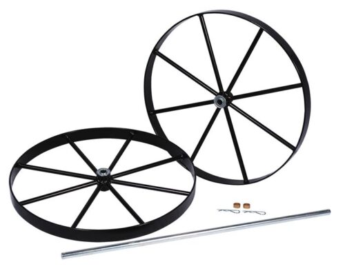 Two large black metal wagon wheels with eight spokes are displayed with a Justrite Gcyl Rept, 2Cyht, Stwhl/Axl, 20In. Small accessories like cotter pins and cylindrical nuts accompany them on a white background.