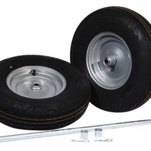 Two black rubber Justrite Gcyl Rept wheels (Fpwhl/Axl, 16In) with silver centers are side by side on a white background. Below, a long metal axle and two brackets with pins appear ready for assembly, ensuring robust performance for your project.