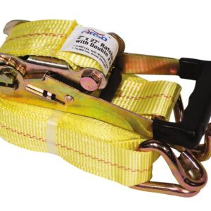 The Justrite Gcyl Acc, Ratchstrap, 15Ft is a yellow strap featuring a gold iridescent metal ratchet and black plastic handle. A label details specifications. Ideal for secure fastening.