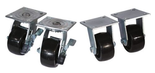 The Justrite Gcyl Reppt,Castset,4In,2Sw2Fx includes two pairs of black caster wheels with metal brackets: one with swivel casters and brakes, the other fixed. Both sets feature rectangular top plates for easy mounting.