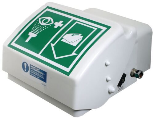 The Justrite H emergency eyewash station has a closed ABS bowl, is wall-mountable, and includes a green/white sign with eye and shower symbols plus arrows. A small label provides essential safety instructions.