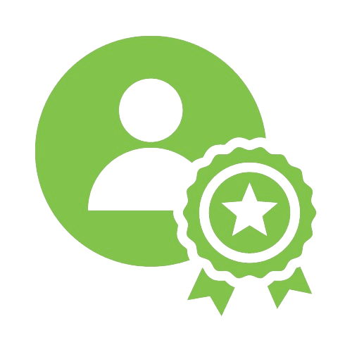 A green icon of a person stands beside a badge, symbolizing safety enhancement with a star at its center and two ribbon tails.