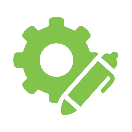 Green gear icon with a pen crossing diagonally over it, symbolizing efficiency optimization in warehouse solutions.