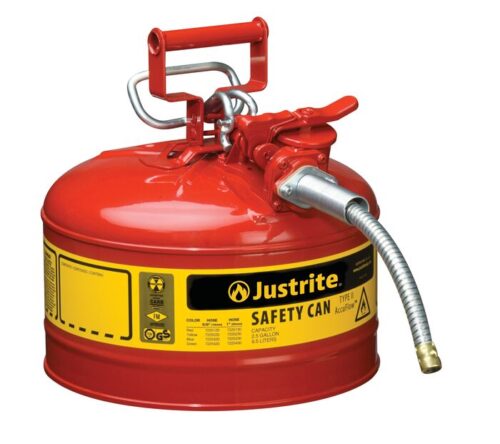 The Justrite Can, Sfty, 5/8Hs T2, 2.5G Red features a yellow label with Sfty and Capacity: 13.5 liters, along with a flexible spout and top handle for securely storing flammable liquids.