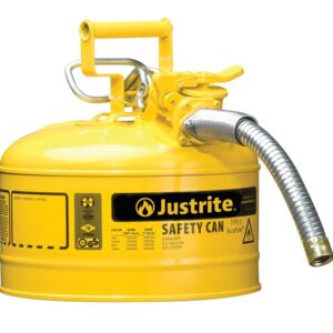 A yellow Justrite safety can for flammable liquids features a metal spout, handle, and Type II AccuFlow warning labels. This reliable T2 Justrite Can ensures secure handling of hazardous materials.