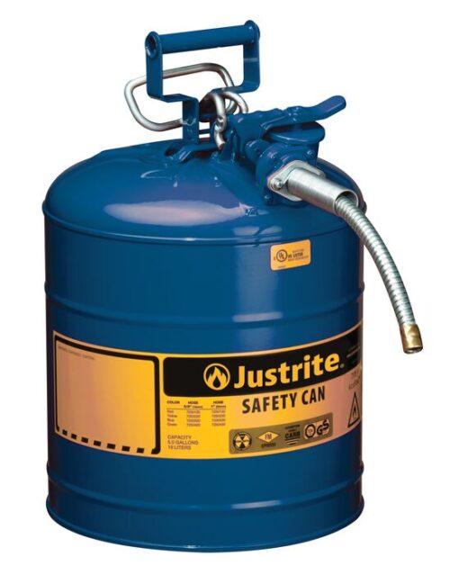 7250320.jpg The Justrite Can, Sfty, 5/8 Hs, T2, 5G Blu is a safety can with a yellow Justrite Safety Can label featuring compliance symbols. It includes a spout and handle for expertly storing and pouring flammable liquids safely.