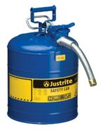 The Justrite Can, Sfty, 1 Hose, T2, 5G Blu, is a blue container with a metal handle and flexible silver spout. It features a yellow label with text and safety symbols for safely storing flammable liquids.