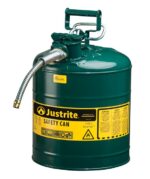 A green Justrite Can, Sfty, 5/8 Hs, T2, 5G Grn features a flexible metal spout and a top handle. Its yellow label displays safety warnings and certification symbols for compliance and assurance.