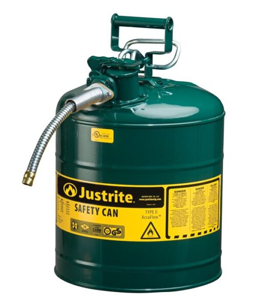 A green Justrite Can, Sfty, 5/8 Hs, T2, 5G Grn features a flexible metal spout and a top handle. Its yellow label displays safety warnings and certification symbols for compliance and assurance.