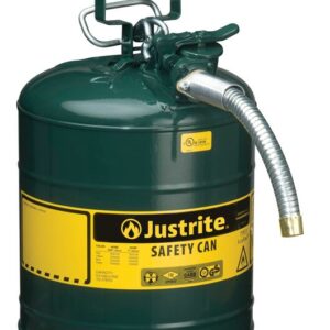 The Justrite Can, Sfty, 1 Hose, T2, 5G Grn comes with a spout and safety handle, a yellow label, and multiple certifications for safely storing and pouring flammable liquids.