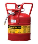 The Justrite Can (DOT-compliant) is a red safety container with two handles, a spout, and a flexible 5/8 hose. It includes yellow hazard labels and is labeled as model T2, 5G.
