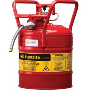 The Justrite Can (DOT-compliant) is a red safety container with two handles, a spout, and a flexible 5/8 hose. It includes yellow hazard labels and is labeled as model T2, 5G.