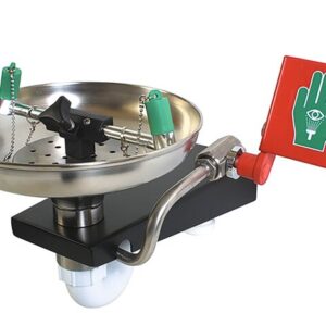 The Justrite H emergency eye wash station, with its open SS bowl, features dual green nozzles and a red activation lever. Mounted on a sleek black base, it includes a pictogram displaying a hand and eye for guidance.