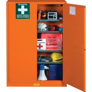 The Justrite Cabinet Emerg W/Port 65X43 Org is open, displaying safety gear like a flashlight, radio, gloves, first aid kits, wool blanket, hard hat, goggles, and a megaphone. It features a prominent Emergency Equipment sign on top.