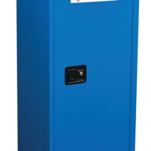 A tall blue Justrite Cabinet labeled Acid Storage Cabinet is covered with warning labels such as Hazardous and Keep Fire Away. This Haz M Slm Chmc 22G Sc unit is securely closed with a black handle.