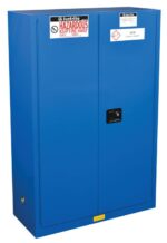 A tall blue metal cabinet labeled HAZARDOUS KEEP FIRE AWAY and ACID STORAGE CABINET, the Justrite Cabinet Haz Mat 45G Sc, features two safety doors with a black handle.