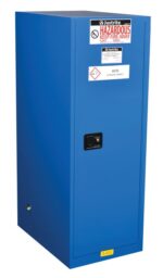 The Justrite Cabinet, Haz Mat Slimln 54G Sc, is a blue metal acid storage unit with a secure lock and prominent Hazardous Keep Fire Away warning to ensure safe storage of corrosive materials.