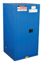 The Justrite Cabinet, Haz Mat 60G Sc is a blue hazardous material storage unit with two doors featuring warning labels like Hazardous: Keep Fire Away and Acid Storage Cabinet. It includes a sturdy black handle and complies with safety standards.