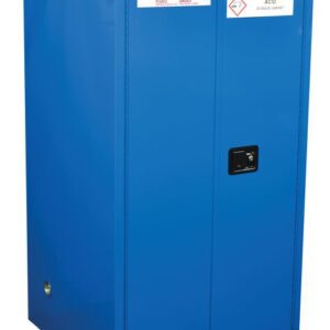 A blue Justrite Cabinet, Haz Mat Chemc 60G Sc, with two doors and a small black central handle, is decorated with warning signs including Hazardous and Keep Fire Away, designed for acid storage.