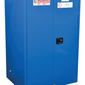 The blue Justrite Cabinet, Haz Mat 90G Sc, features double doors with a central handle and is labeled Hazardous Keep Fire Away and Acid Storage Cabinet, ensuring safe storage for hazardous materials.