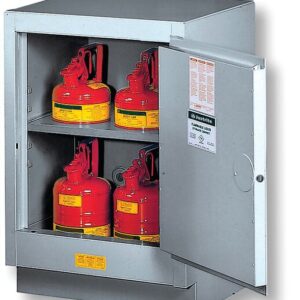 The Justrite Cabinet Fmhd 15G/24 Man/L Slv, a sleek silver unit, stores four red safety gas cans with black handles and yellow labels on its shelves. The open door displays clear safety instructions.