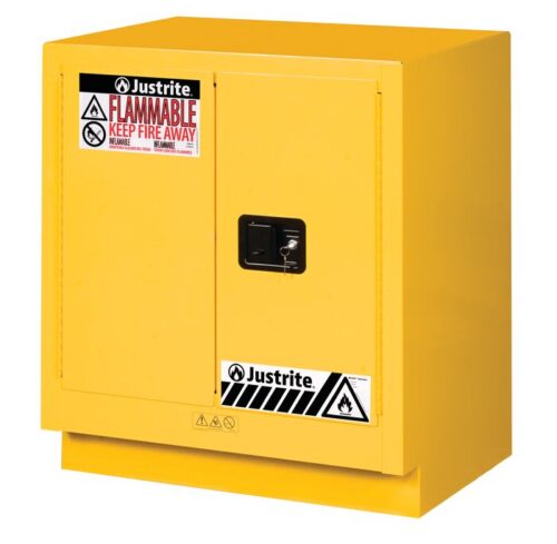 The Justrite Cabinet FMHD 19G/30 Man Yel features the Justrite logo and Flammable Keep Fire Away warning. It has a secure, lockable handle and hazard symbols to ensure optimal safety for hazardous materials.