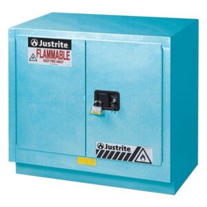 The turquoise Justrite Cabinet Fmhd Chmc 23G Man Blu features two doors, a right door lock, and a red FLAMMABLE KEEP FIRE AWAY warning label, providing secure storage for hazardous materials.