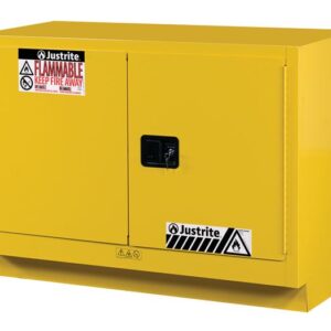 The Justrite Cabinet FMHD 31G/48 Man Yel is a yellow flammable storage cabinet with two doors, warning signs for flammable materials and to keep fire away, and a black handle on the front.