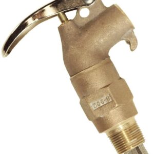 The Justrite Faucet, Drum, Rigid, Brassr is a brass pressure relief valve with a lever handle and threading for easy attachment. Its cylindrical body and metal tag ensure durability, while the mesh base provides essential filtration for optimal performance.