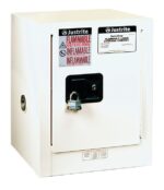 The Justrite Cabinet, Flam Ctop 4G, Man Wht for flammable liquids features Flammable Keep Fire Away labels and safety instructions. It includes a black handle with a silver padlock and has a cylindrical vent for ventilation.
