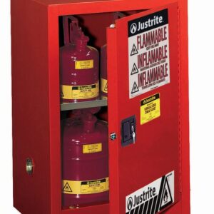 The Justrite Cabinet in Man Red opens to show three safety cans, clearly labeled Flammable and Inflammable, demonstrating the sturdy design for securely storing hazardous materials like Flam Cmp 12G.