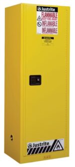The Justrite Cabinet, Flam Slm 22G, Man Yel is a tall yellow unit with Flammable Keep Fire Away labels and includes a single door and handle to securely store hazardous materials.