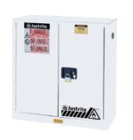 The Justrite Cabinet, Flam Sfty 30Gman Wht, is a white storage solution with a black handle and padlock. It features warning labels for flammable materials and prominently displays the Justrite brand on the door, ensuring safety and quality.
