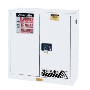 The Justrite Cabinet, Flam Sfty 30Gman Wht, is a white storage solution with a black handle and padlock. It features warning labels for flammable materials and prominently displays the Justrite brand on the door, ensuring safety and quality.