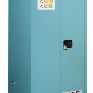 The Justrite Cabinet in blue, designed for acid storage, features a secure lock and multilingual safety labels. This Acid Sfty 60G Man Blu unit guarantees reliability and compliance in handling hazardous materials.