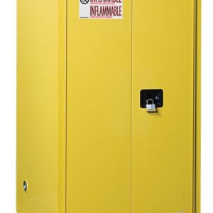 The yellow Justrite Cabinet (Flam 60G Sc/Bifld Yel) enhances safety with its two-door design and clear labels, ensuring secure storage of hazardous substances with prominent fire warnings.
