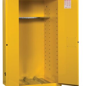 The Justrite Cabinet, Vdrum Flam 55G Man Yl, is painted bright yellow with its doors open, showing an empty interior with one adjustable shelf and a vented base. A small label is placed discreetly inside the doors top right corner.