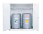 The Justrite Cabinet Vdrm Wste (2)55G Mn Wh, with one shelf, holds two metal barrels labeled Hazardous Waste (green) and Flammable (yellow). The open white design securely stores these materials.