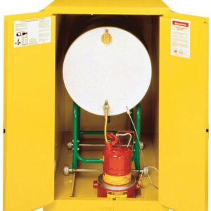The open Justrite Cabinet Horzdrm (1)55G, Mn Yel reveals a large white drum on a green stand with a red pump below. Safety instructions and warning labels on the doors ensure safe handling and storage of hazardous materials.