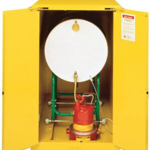The Justrite Cabinet Horzdrm (1)55G, Sc Yel, features an open design showcasing a large white drum on a green stand. Additionally, it has a red pump with an attached nozzle and prominently displayed warning labels inside the doors of this meticulously designed unit.