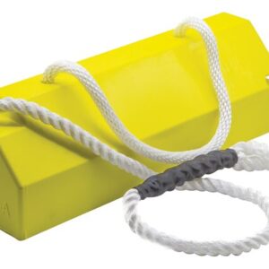 The Justrite Chock,Ac,20,Rpad,Ea,Qlr,Han,Y is a yellow rectangular brick with a hexagonal cross-section. It features two twisted white ropes on top, with one looped through an Rpad gray connector for use as a handle.