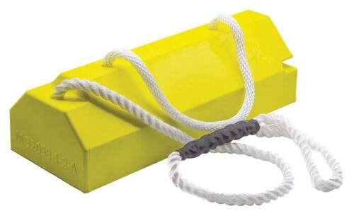 The Justrite Chock,Ac,20,Rpad,Ea,Qlr,Han,Y is a yellow rectangular brick with a hexagonal cross-section. It features two twisted white ropes on top, with one looped through an Rpad gray connector for use as a handle.