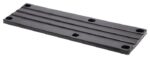 The Justrite Chock, Ac, Acc, 3518, Rpad is a black rectangular metal plate with parallel grooves and six evenly spaced holes for mounting. Its smooth industrial surface emphasizes functionality and precision.