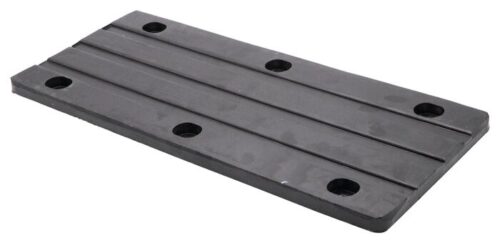 Introducing the Justrite Chock,Ac,Acc,6820,Rpad: a rectangular black rubber pad with four parallel grooves and six evenly spaced holes for reliable performance. Perfect for enhancing safety measures with its durable design in challenging environments.