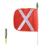 The Justrite Whip,Ap,10,F12,Of,Wx,A includes a vibrant red safety flag with a silver reflective X on a sturdy rod. It features green and grey cap above and is complemented by a yellow cable with silver connector on the left side.