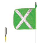 A Justrite Whip flag with a green square and reflective silver X is on a white pole featuring a small green LED light, accompanied by an Ap yellow USB cable with a metal connector.