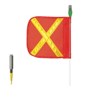 A Justrite Whip features a red safety flag with a yellow reflective X and green light atop a white pole, accompanied by an F12-marked connector with a yellow end for mounting or attaching purposes.